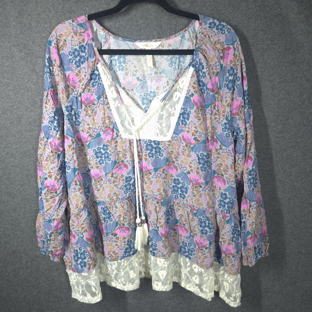 Matilda Jane Womens Floral Boho Tunic Blouse Size Small Lace Hem Tassel Tie